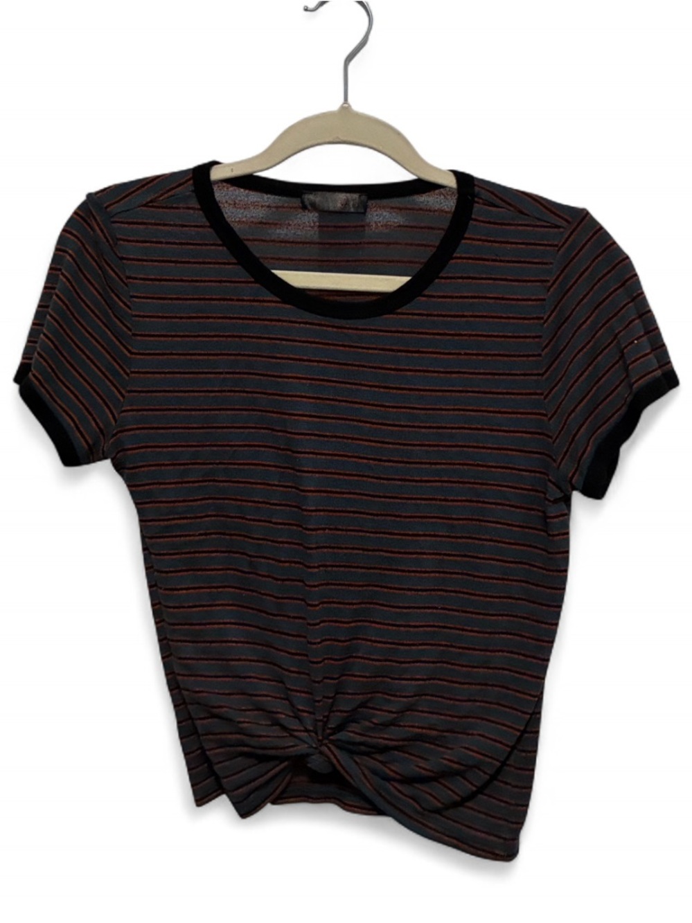 Y2K Dark Blue Black Striped Grunge Knot Front Short Sleeve Tee Shirt